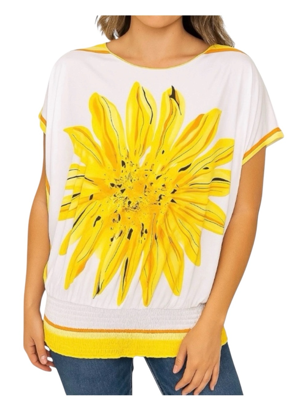 Isabella Rodriguez Tunic Blouse Womens Small Yellow Floral Dolman  Stretch Boho